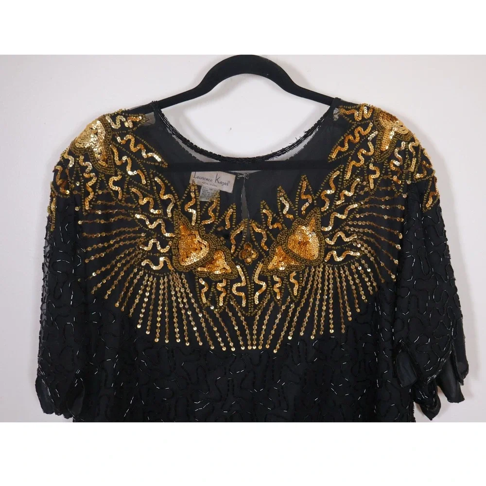 Laurence Kazar Blouse Black Gold Sequin Vintage Glam‎